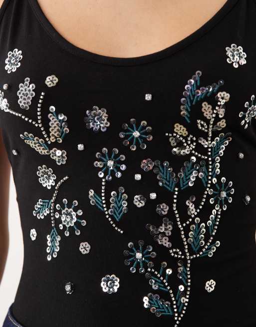 Miss Selfridge - Festival - Sort bodystocking med udsmykning og bindestropper, 3 af 4