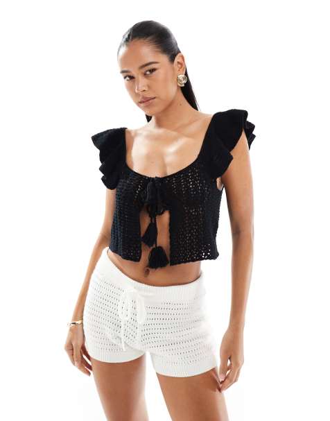 Miss Selfridge - Festival - Sort hæklet top med bindedetalje - view 1