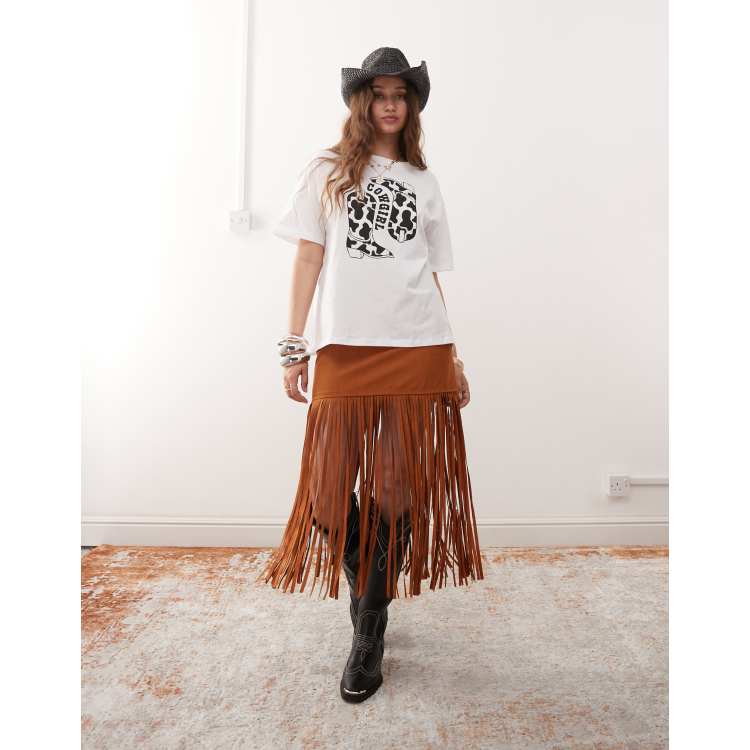 Miss Selfridge festival suedette fringe skirt in tan | ASOS
