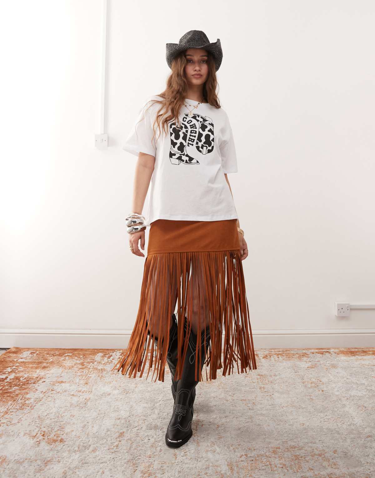 Miss Selfridge festival suedette fringe skirt in tan