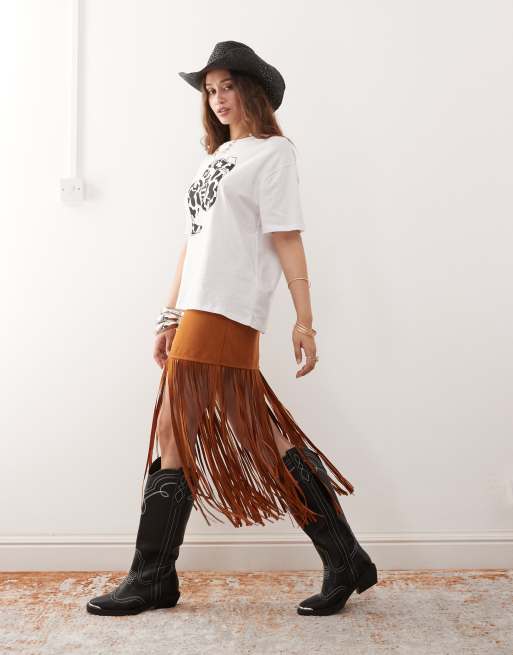 Miss Selfridge festival suedette fringe skirt in tan ASOS