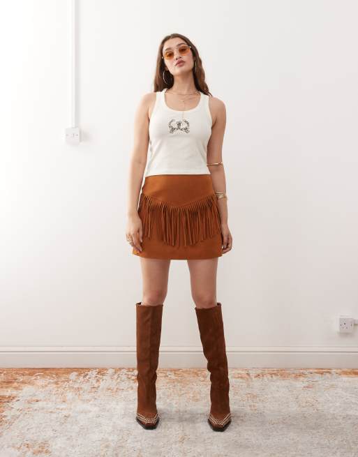 Miss Selfridge festival suedette mini skirt in tan, 3 of 5