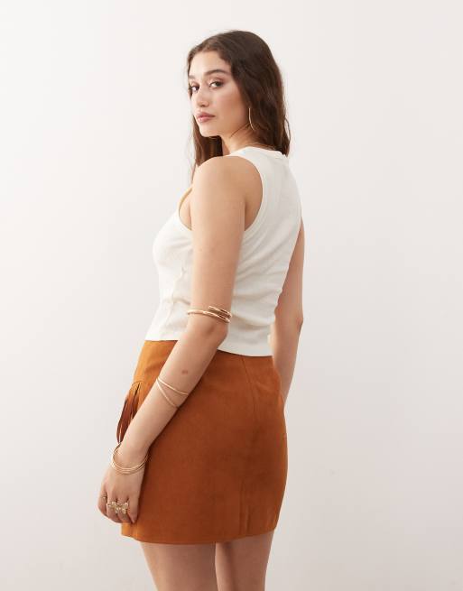 Miss Selfridge festival suedette mini skirt in tan, 4 of 5