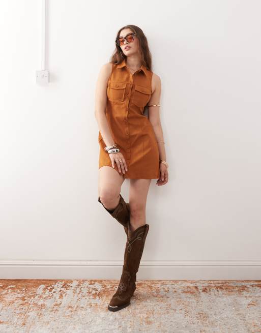 Miss Selfridge festival suedette sleeveless dress in tan, 3 of 4