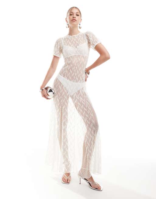 Miss Selfridge – Festiwalowa sukienka maxi z prześwitującej koronki, z godetami, w kolorze kości słoniowej