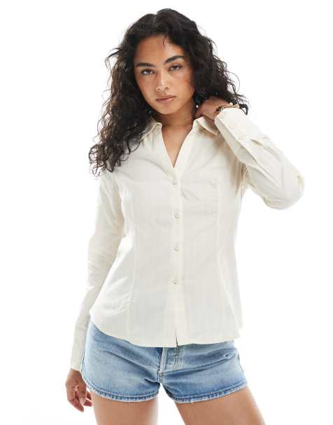 Miss Selfridge – Figurbetonte Hemdbluse aus Popeline in Buttergelb mit Nadelstreifen - view 1
