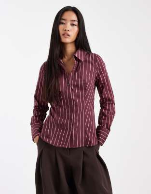 Miss Selfridge - Figurbetonte Hemdbluse aus Popeline in Feige mit Nadelstreifen-Bunt