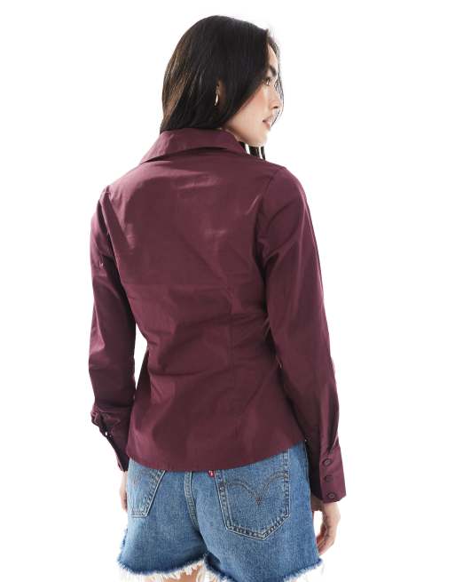 Miss Selfridge – Figurbetonte Hemdbluse aus Popeline in Feigenlila, 4 von 4