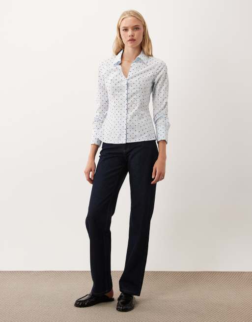 Miss Selfridge figursydd poplinskjorta i blått prickmönster, 2 av 4