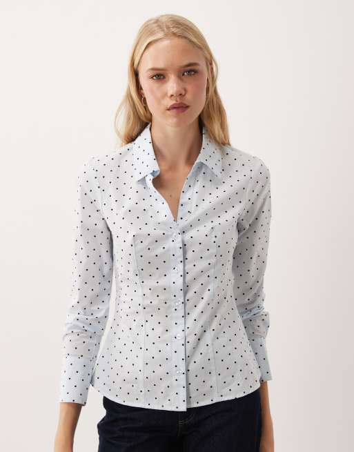 Miss Selfridge figursydd poplinskjorta i blått prickmönster, 3 av 4