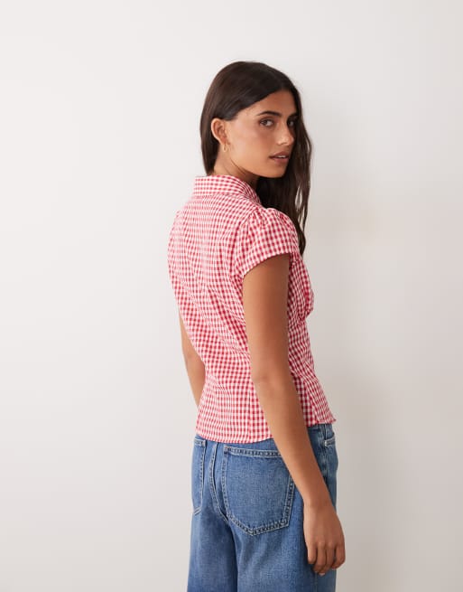 Miss Selfridge figursydd skjorta med korta ärmar i röd gingham, 4 av 4