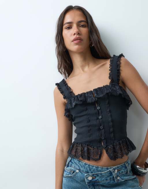Miss Selfridge figursyet corsetop med gennemgående knapper og blonder i sort, 1 af 5