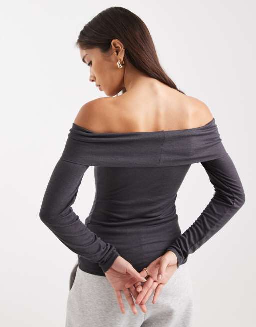 Miss Selfridge - Fijngebreide bardot-top in antracietgrijs, 4 van 4