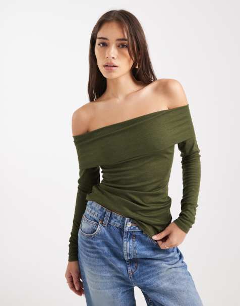 Miss Selfridge - Fijngebreide bardot-top in olijfgroen - view 1
