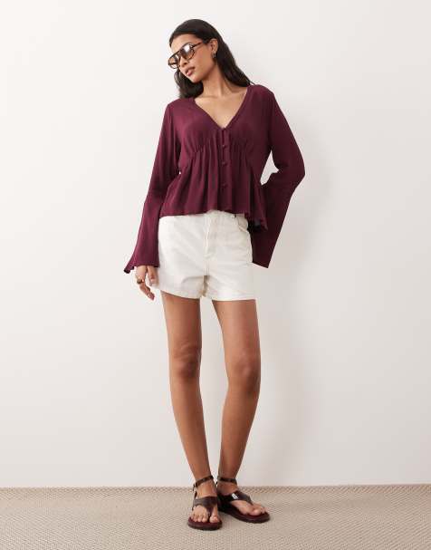 Miss Selfridge – Fikonlila blus i peplum-modell med utsvängda ärmar och knäppning - view 1