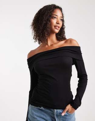 Miss Selfridge Fine Knit Bardot Top In Black