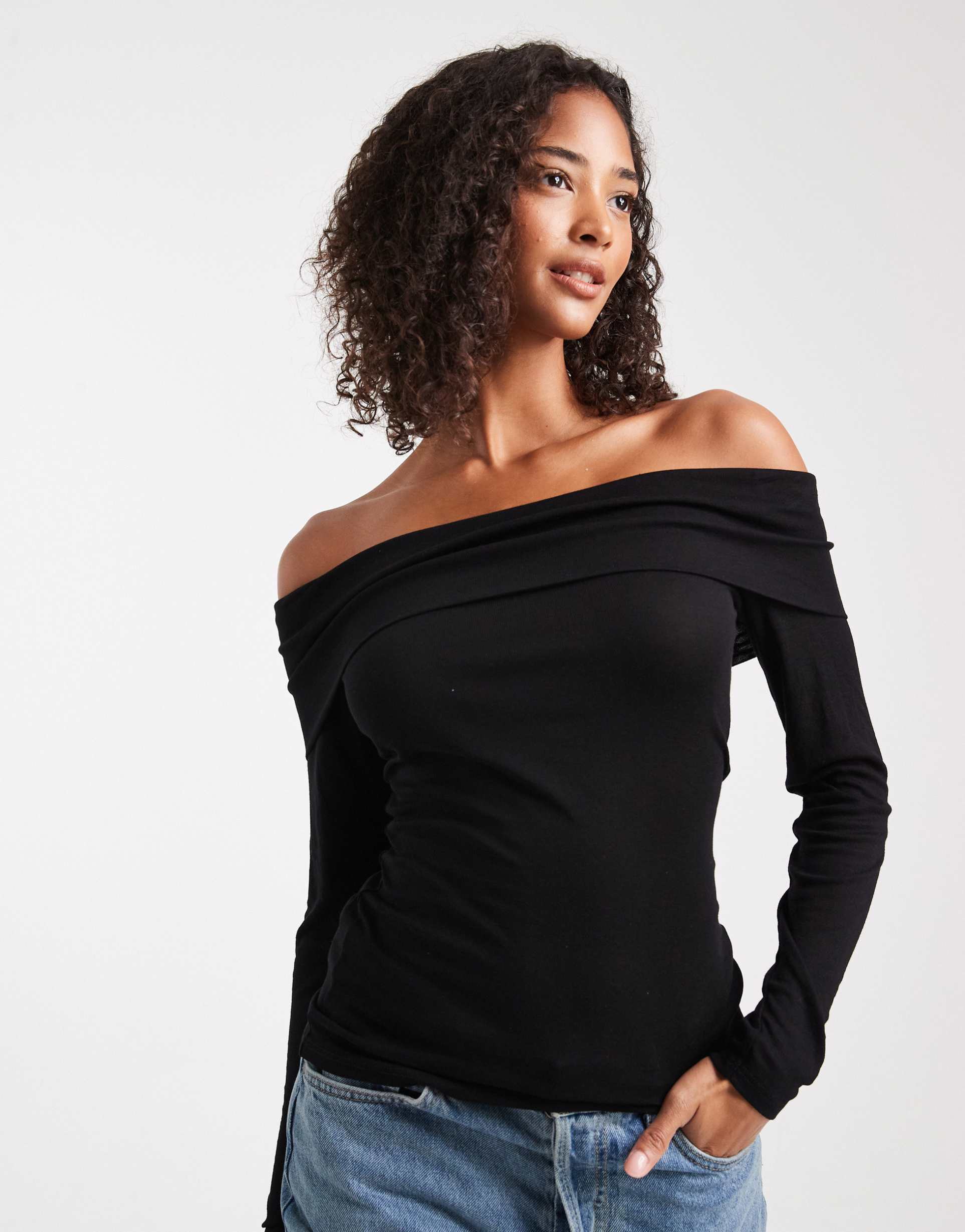 miss selfridge fine knit bardot top in black