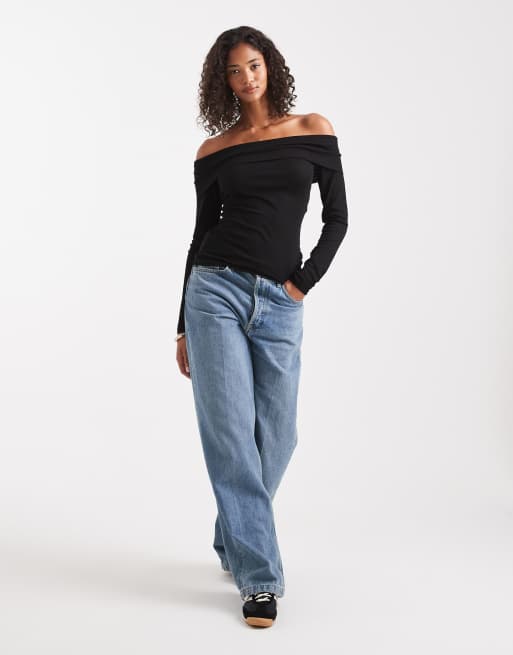 Miss Selfridge fine knit bardot top in black