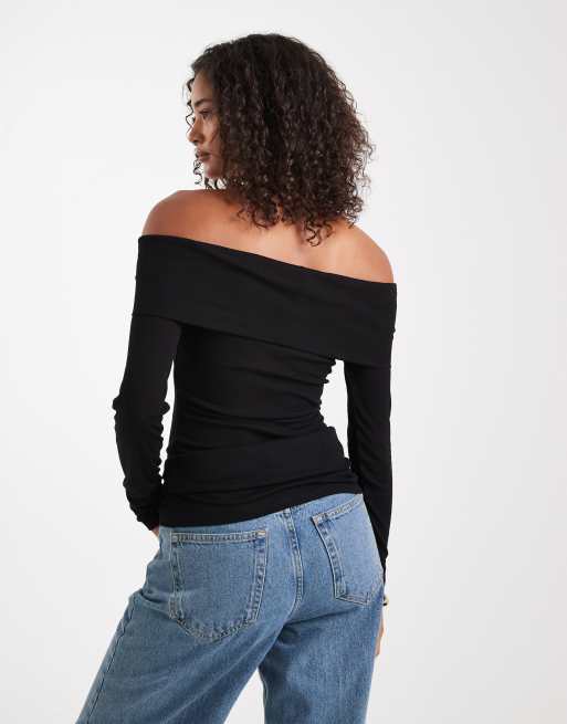 Miss Selfridge fine knit bardot top in black