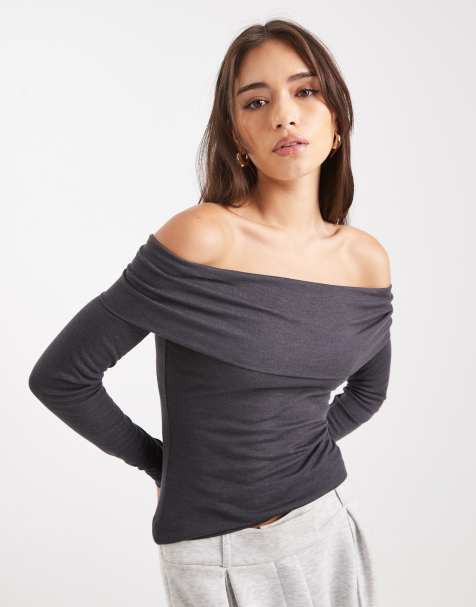 Miss Selfridge fine knit bardot top in charcoal - view 1