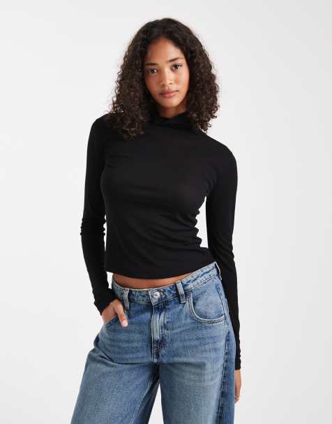 Miss Selfridge fine knit grown on neck long sleeve top in black