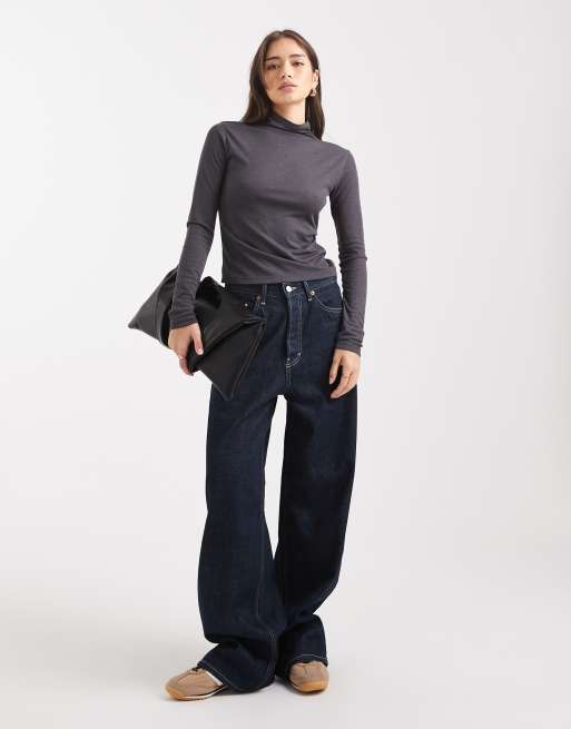 Miss Selfridge fine knit grown-on neck long sleeve top in charcoal, 2 of 4