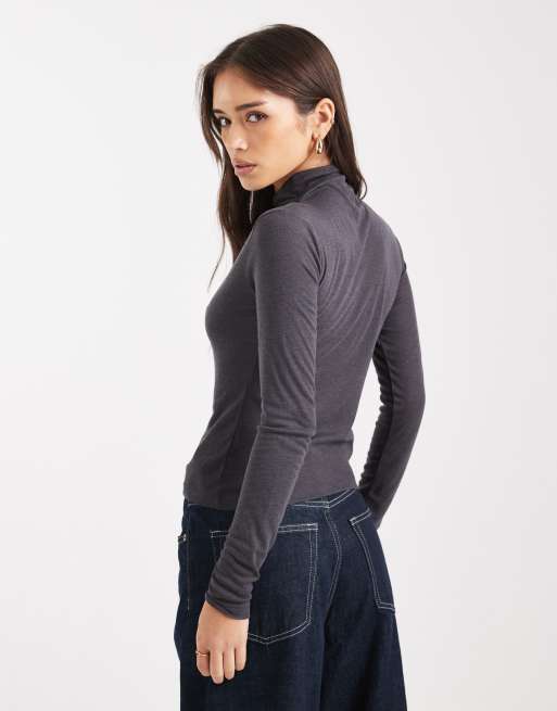 Miss Selfridge fine knit grown-on neck long sleeve top in charcoal, 4 of 4