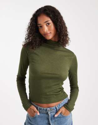 Miss Selfridge Fine Knit Grown On Neck Long Sleeve Top In Green