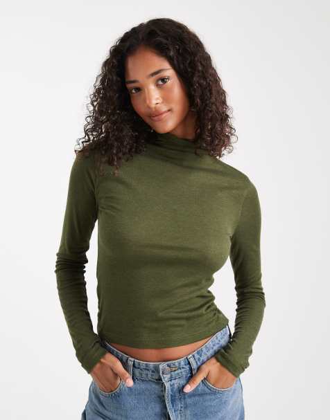 Miss Selfridge fine knit grown on neck long sleeve top in olive - view 1