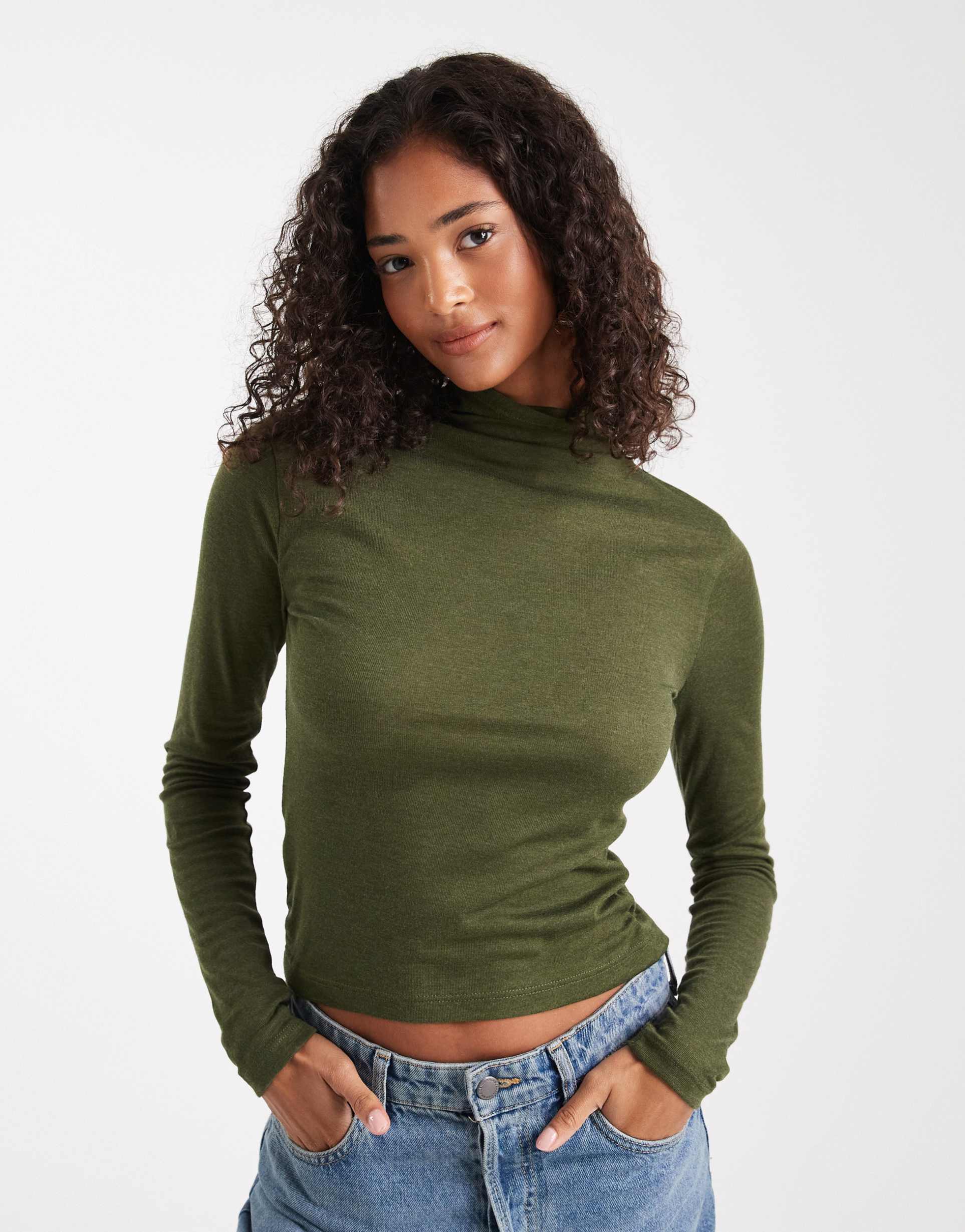 miss selfridge fine knit grown on neck long sleeve top in olive