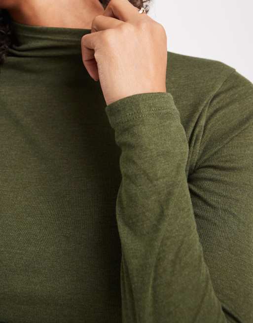 Miss Selfridge fine knit grown on neck long sleeve top in olive, 3 of 4