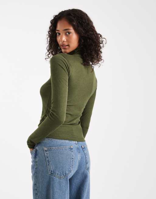 Miss Selfridge fine knit grown on neck long sleeve top in olive, 4 of 4