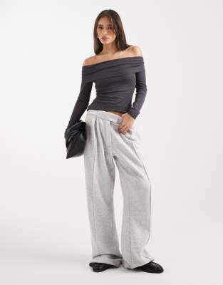 Miss Selfridge Fine Knit Off The Shoulder Top In Gray