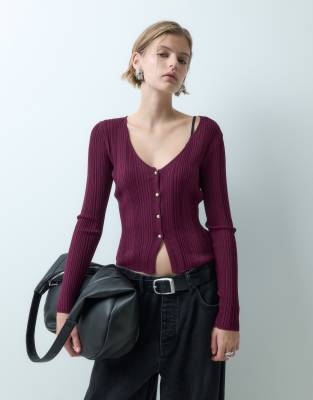 Miss Selfridge Fine Knit Rib Top With Gold Buttons In Multi