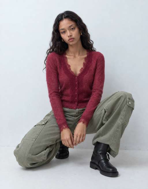 Miss Selfridge finstickad kofta med spetskant i berry, 10 av 10