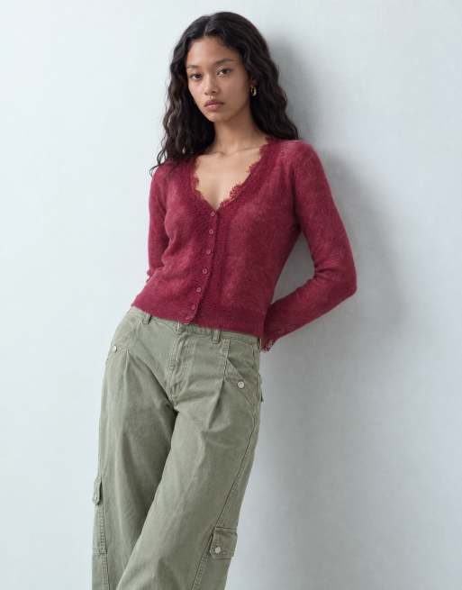 Miss Selfridge finstickad kofta med spetskant i berry, 6 av 10
