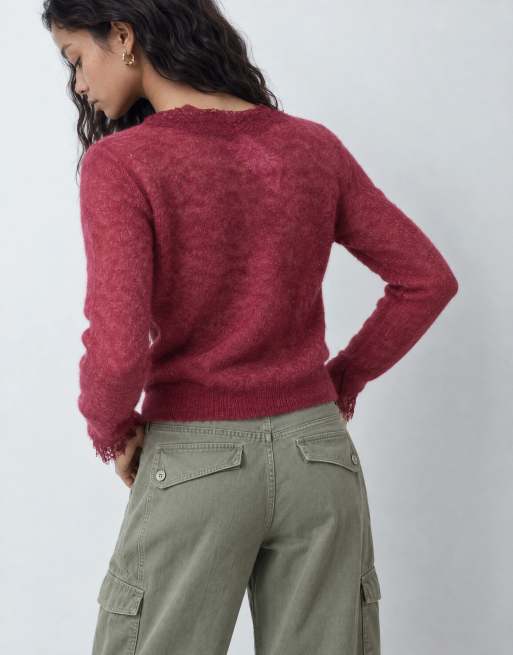 Miss Selfridge finstickad kofta med spetskant i berry, 9 av 10