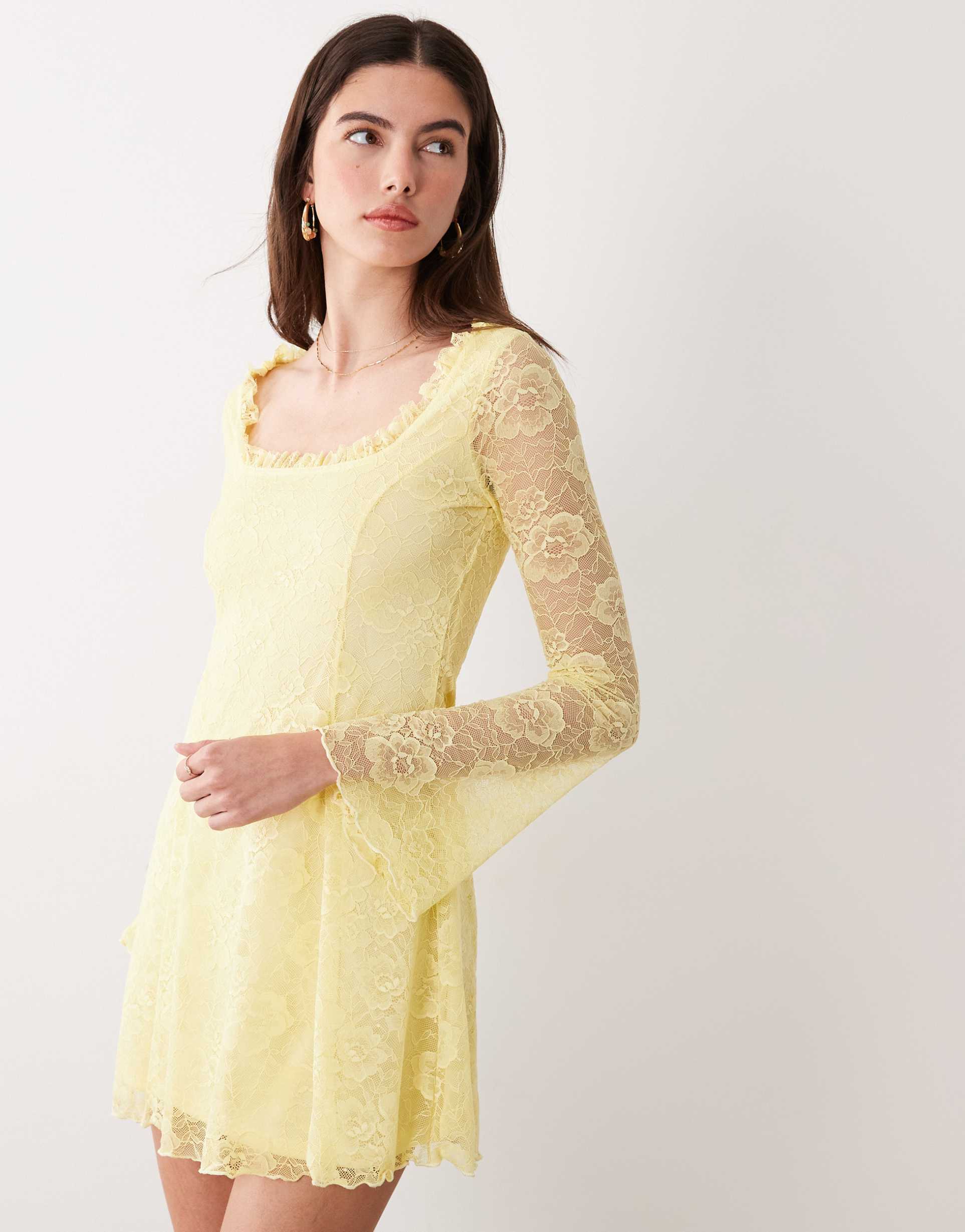 miss selfridge fit and flare lace mini dress in lemon yellow