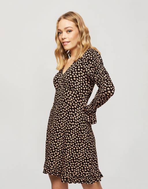 Miss Selfridge fit and flare mini dress in beige polka dot | ASOS