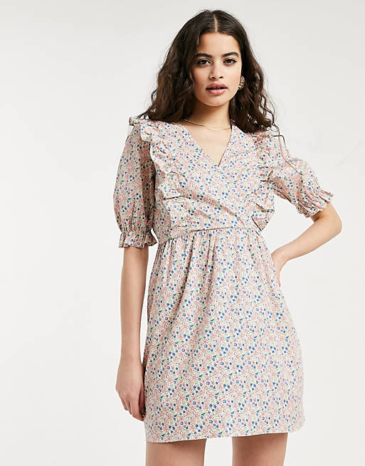 Miss Selfridge fit and flare poplin dress with frill detail in pink ditsy floral