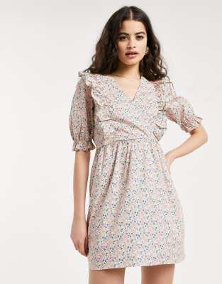 Miss Selfridge fit and flare poplin dress with frill detail in pink ...