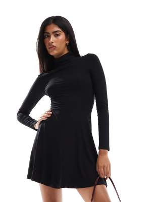 fit and flare roll neck mini dress in black