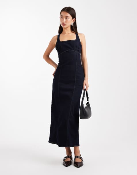 Miss Selfridge fitted denim midi dress in indigo wash - view 1