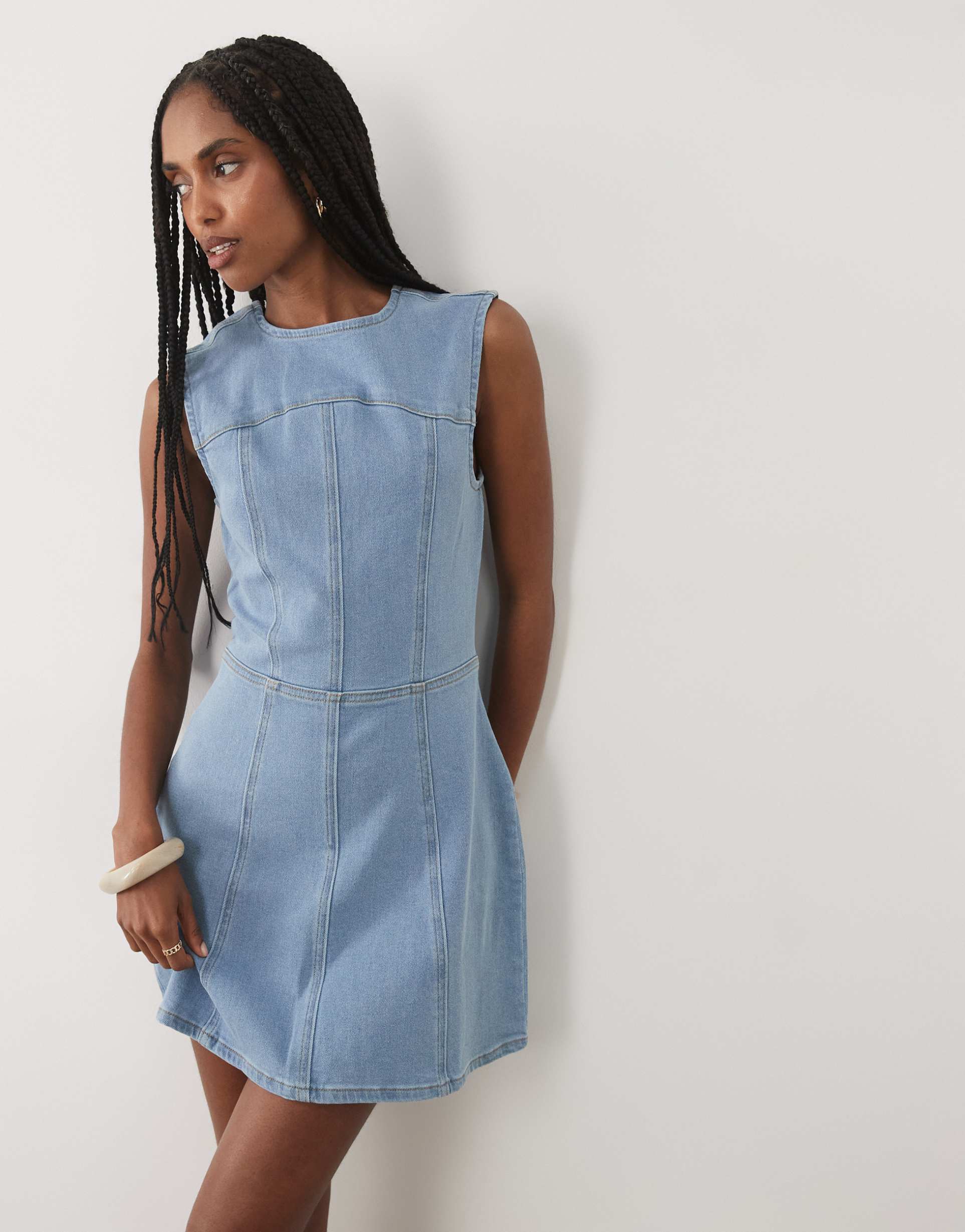 miss selfridge fitted denim mini dress in mid wash