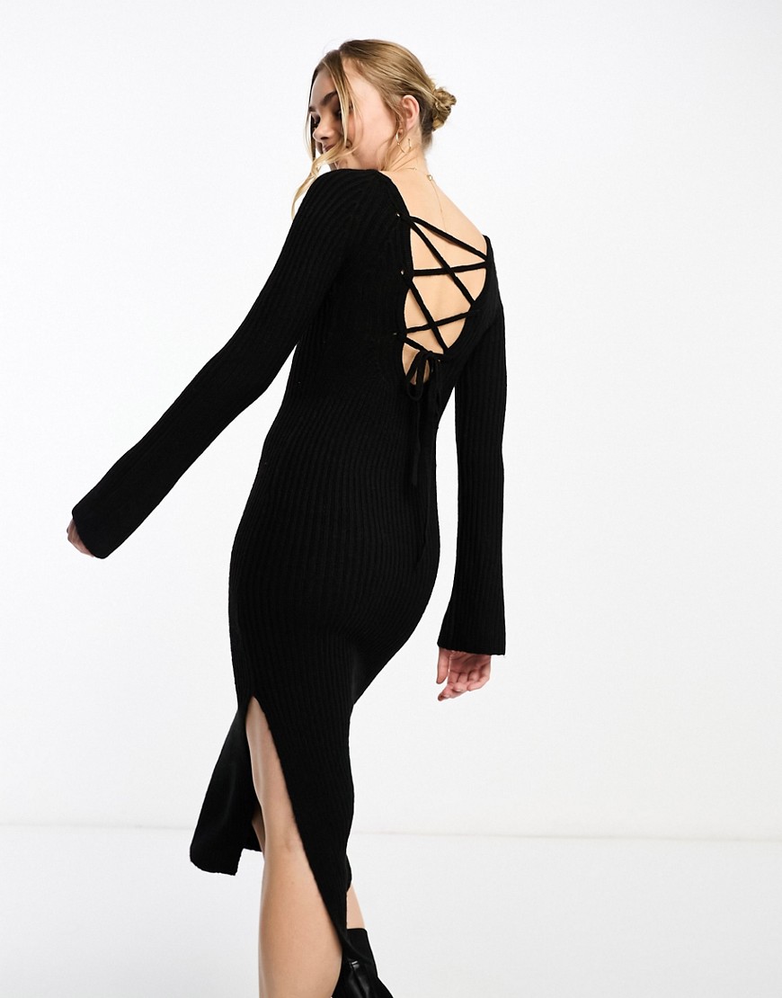 Miss Selfridge fitted knit lattice back maxi dress in black-White