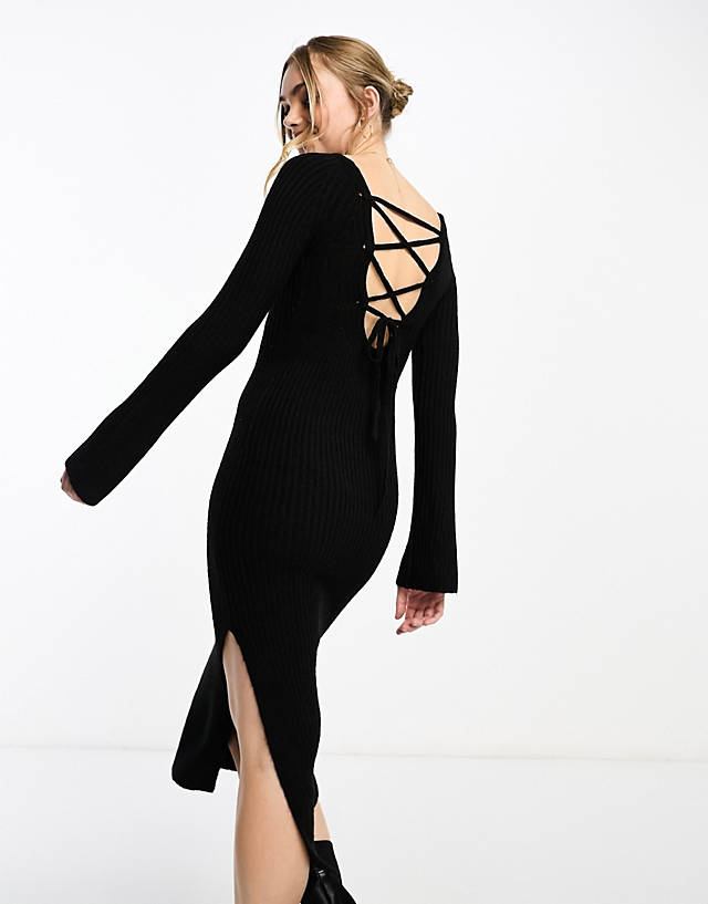 Miss Selfridge - fitted knit lattice back maxi dress in black