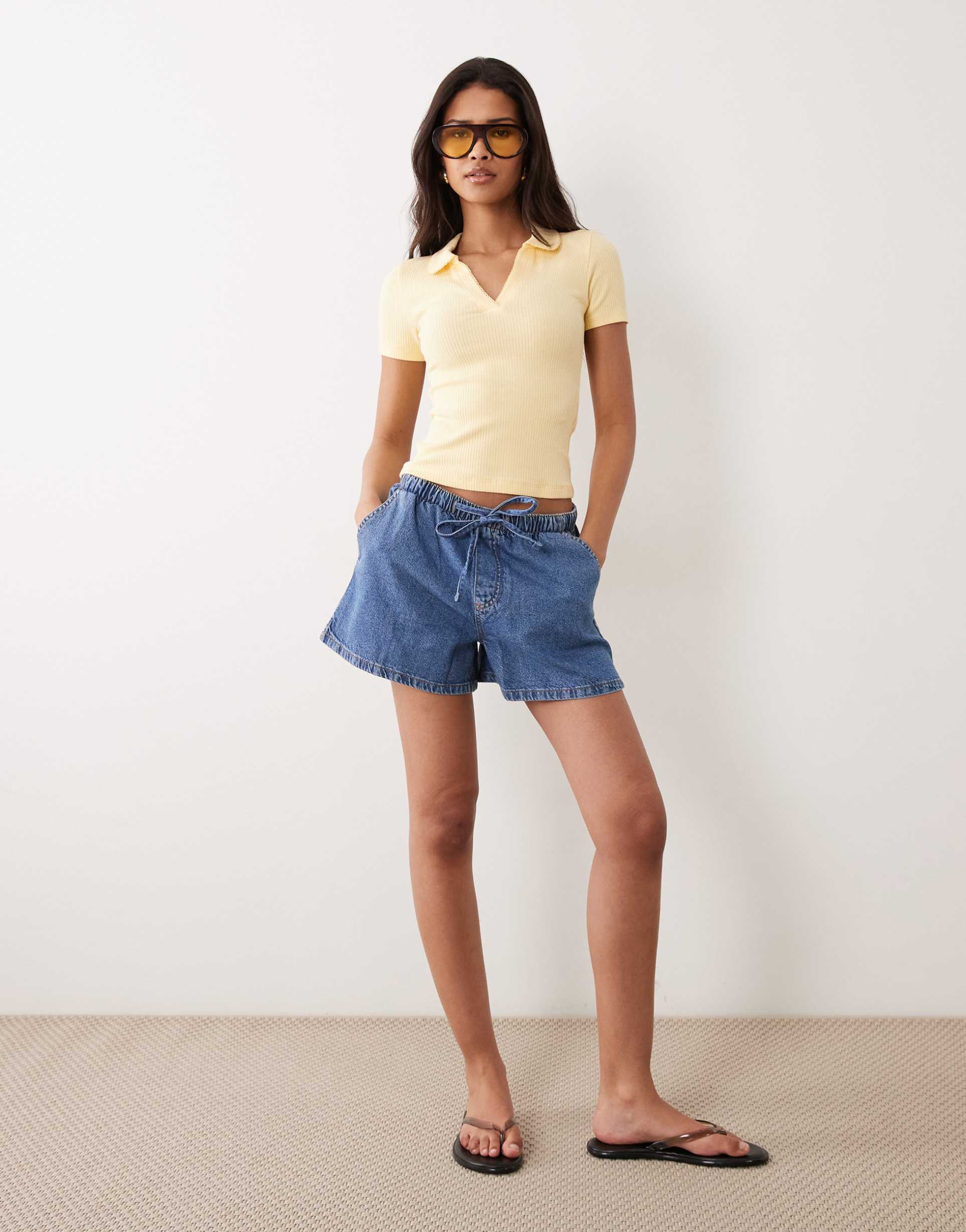 miss selfridge fitted rib knit polo top with picot stitching in buttermilk
