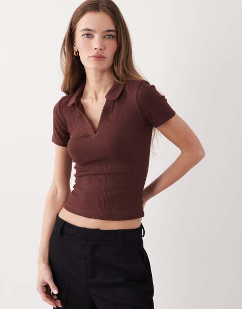 Miss Selfridge fitted rib knit polo top with picot stitching in chocolate - view 1