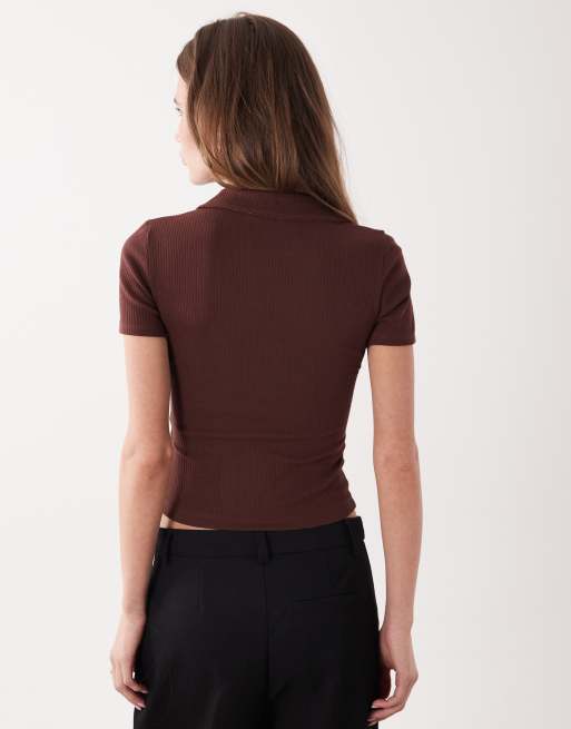 Miss Selfridge fitted rib knit polo top with picot stitching in chocolate, 2 of 4