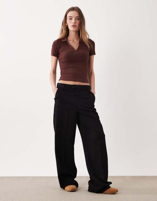 Miss Selfridge fitted rib knit polo top with picot stitching in chocolate, 3 of 4